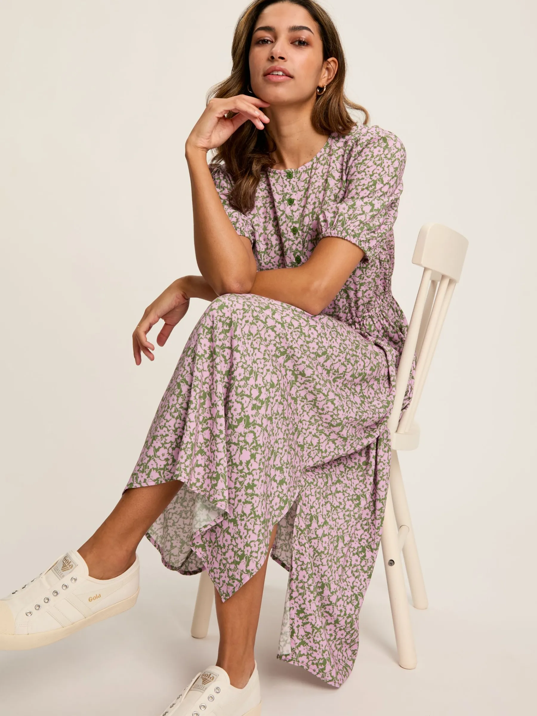 Adele Green & Pink Floral Button Down Midi Dress with Slit<Joules Clearance