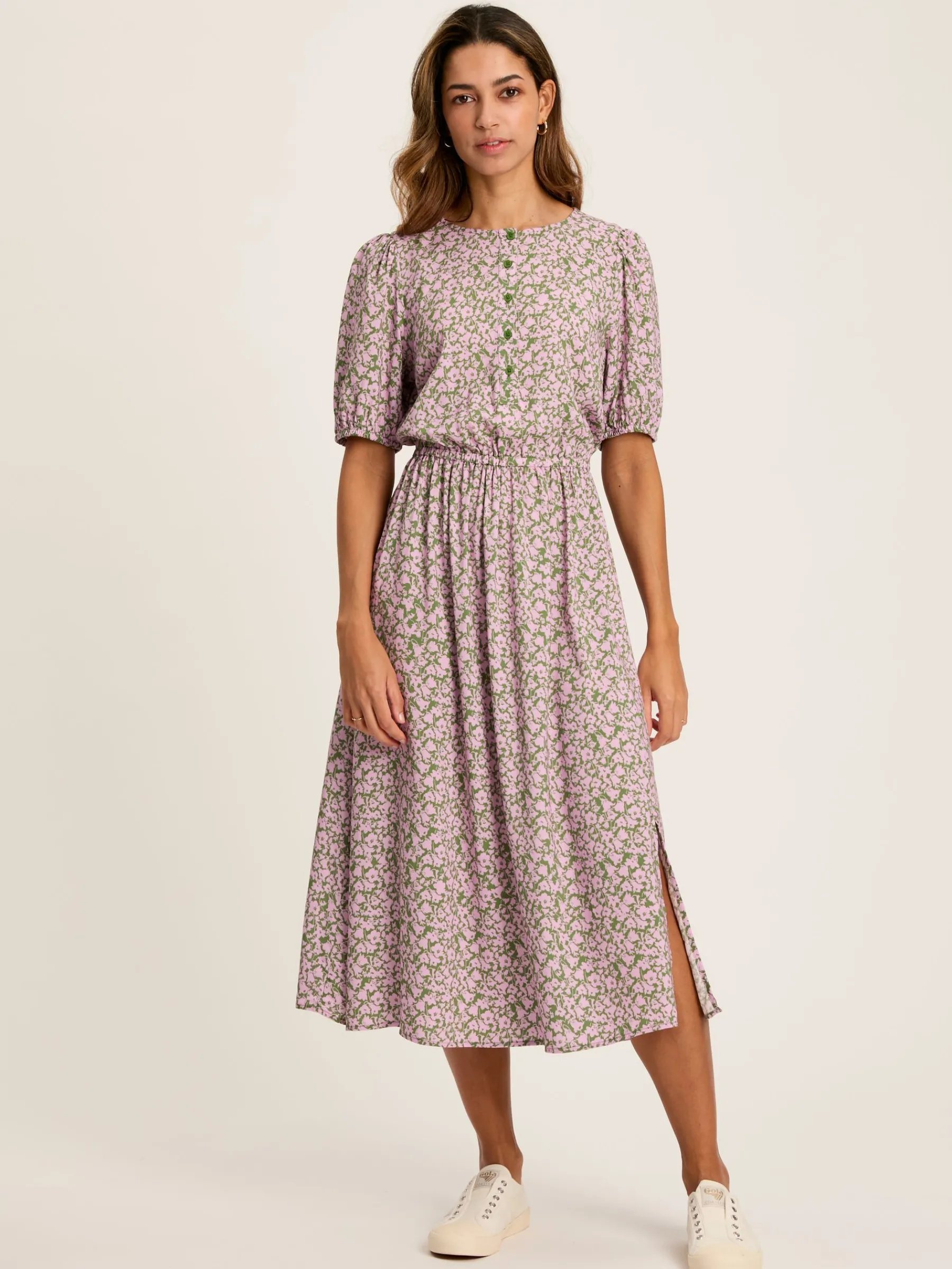 Adele Green & Pink Floral Button Down Midi Dress with Slit<Joules Clearance