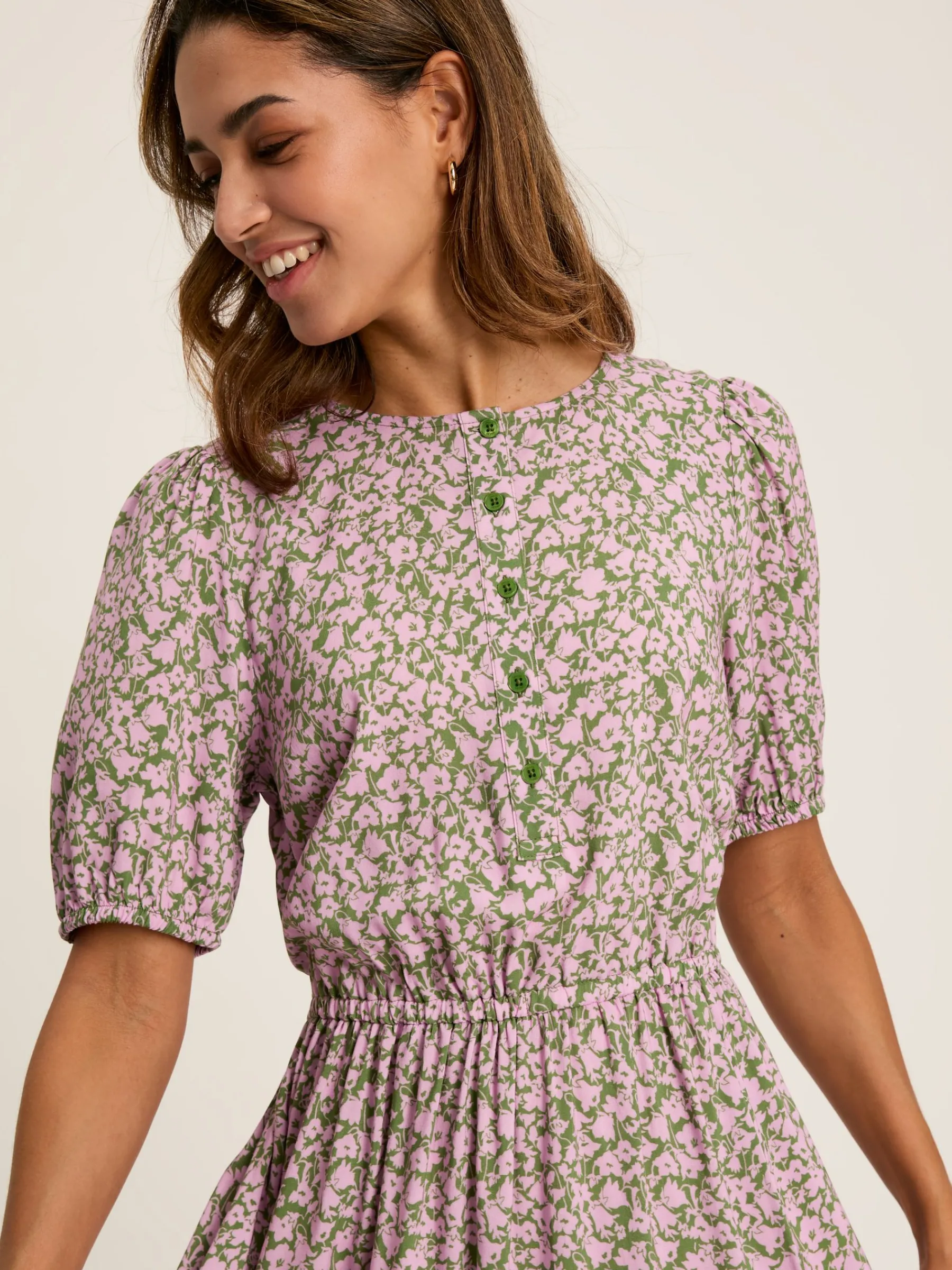 Adele Green & Pink Floral Button Down Midi Dress with Slit<Joules Clearance