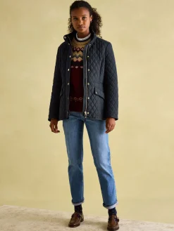 Allendale Navy Blue Showerproof Diamond Quilted Coat<Joules Online