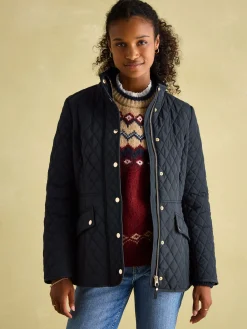Allendale Navy Blue Showerproof Diamond Quilted Coat<Joules Online