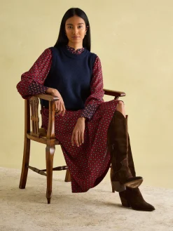 Aster Red and Navy Tie Waist Midi Dress<Joules Outlet