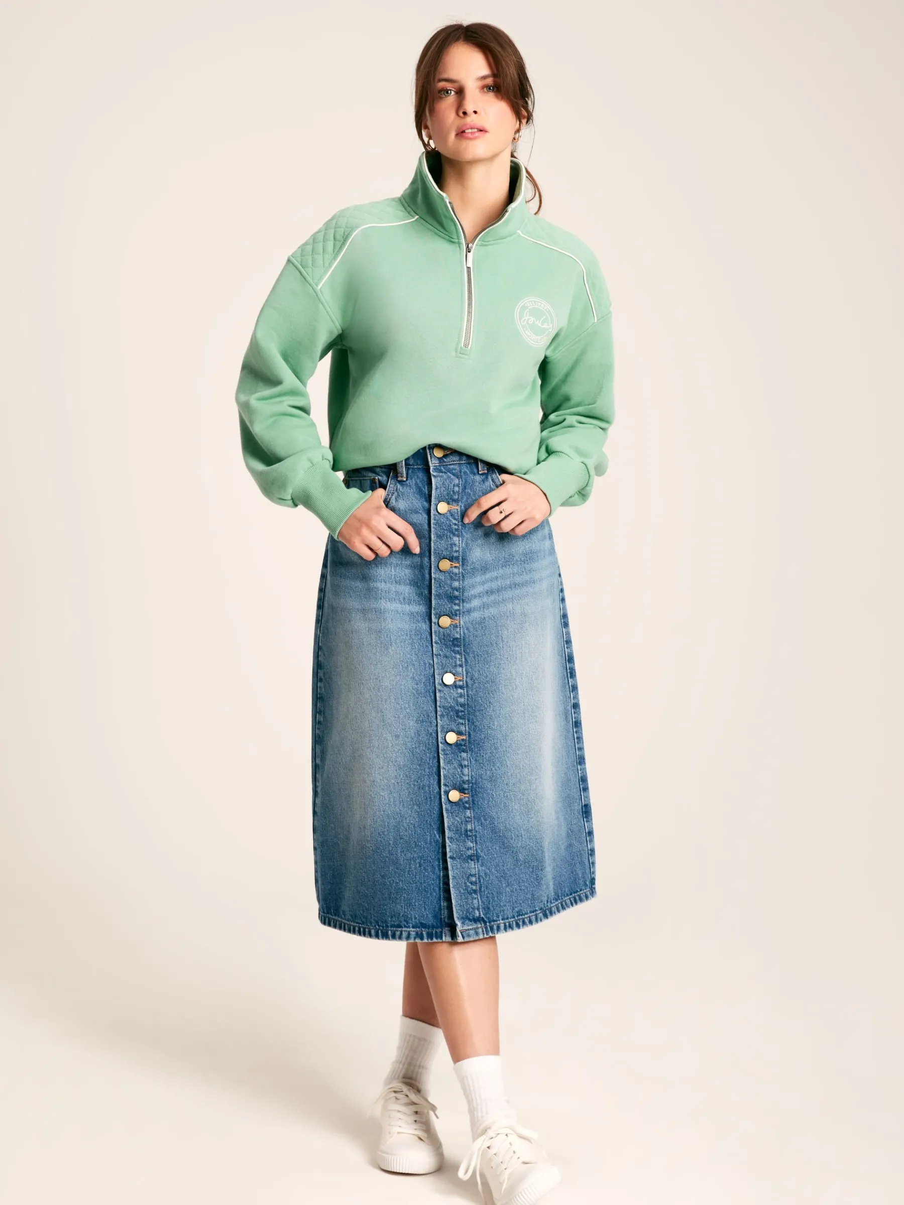 Button Front Denim Midi Skirt<Joules Outlet
