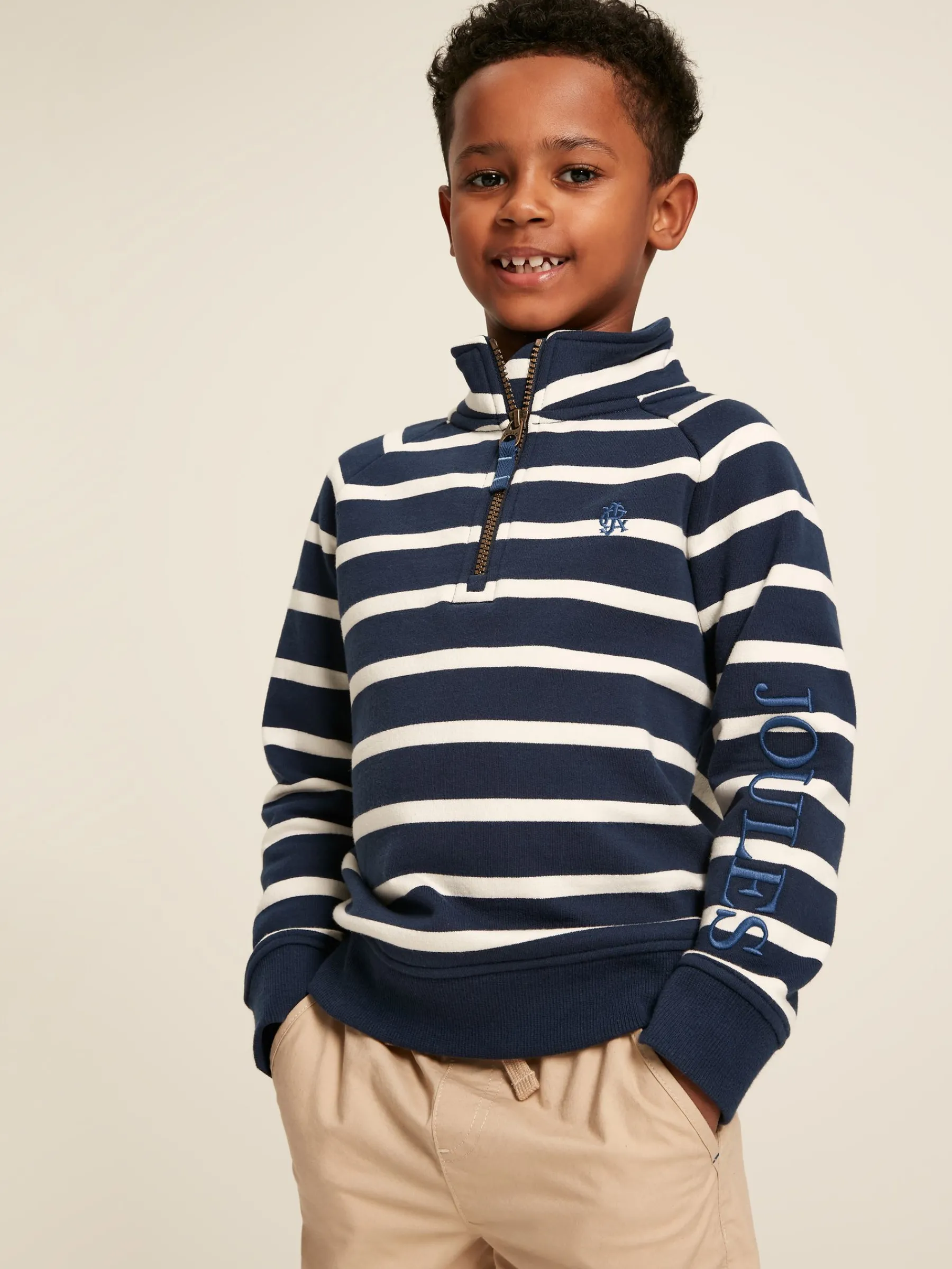 Boys' Finn Navy & White Striped Quarter Zip Sweatshirt<Joules Sale