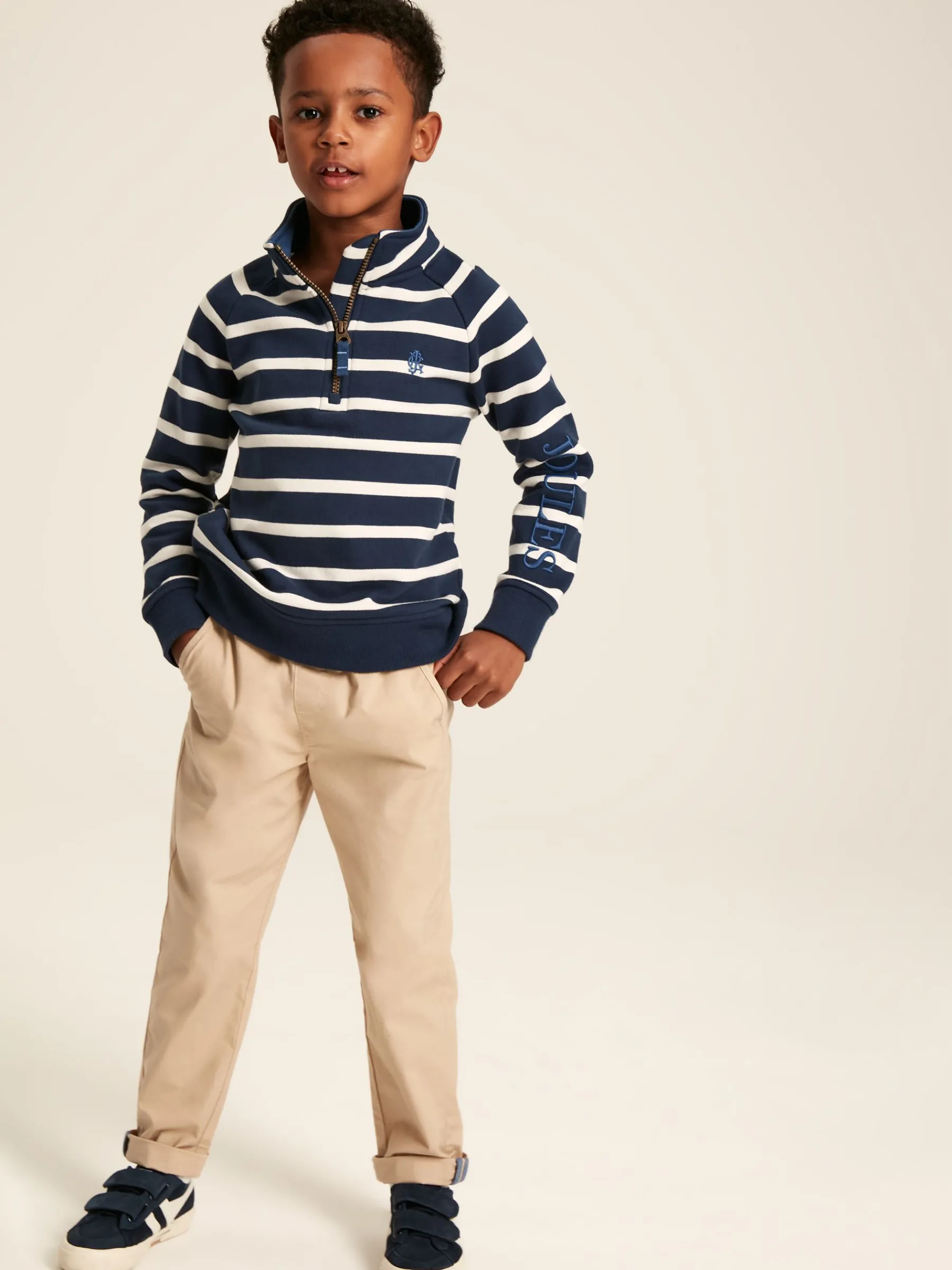 Boys' Finn Navy & White Striped Quarter Zip Sweatshirt<Joules Sale