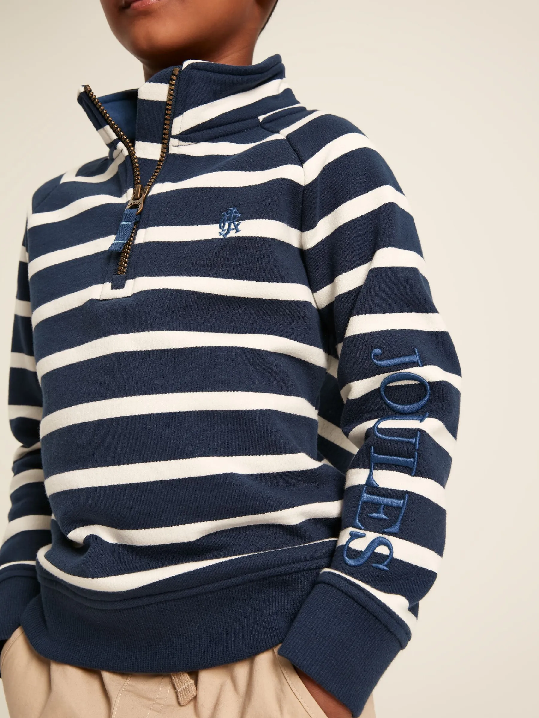 Boys' Finn Navy & White Striped Quarter Zip Sweatshirt<Joules Sale