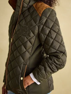 Braemar Luxe Khaki Green Showerproof Diamond Quilted Coat<Joules Online