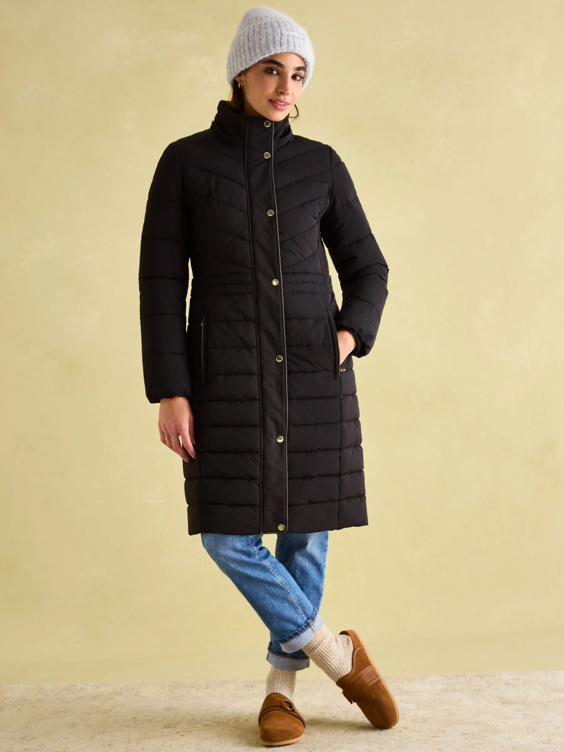 Cherington Showerproof Longline Padded Coat with Faux Fur Hood<Joules