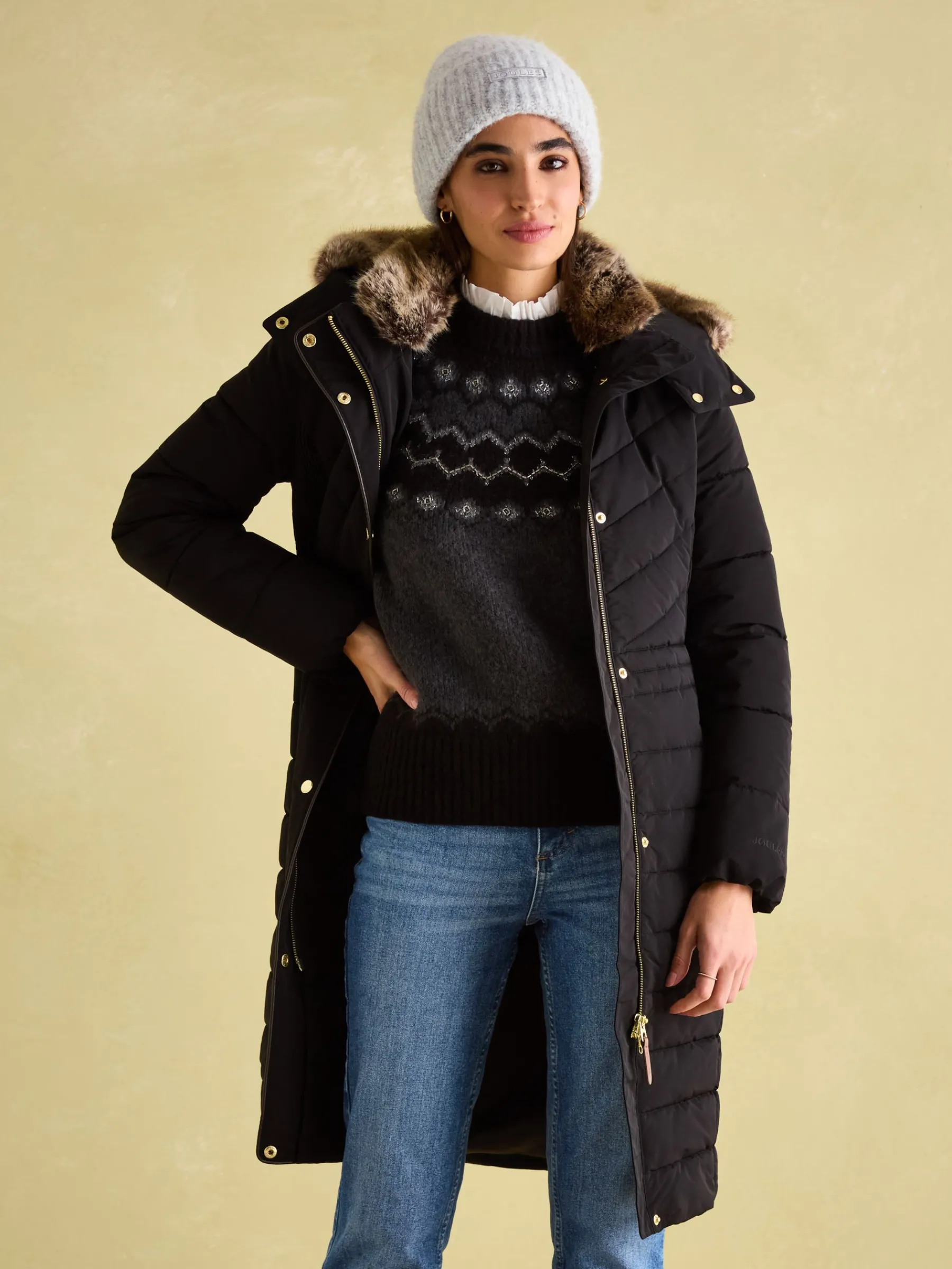 Cherington Showerproof Longline Padded Coat with Faux Fur Hood<Joules