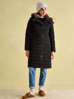 Cherington Showerproof Longline Padded Coat with Faux Fur Hood<Joules