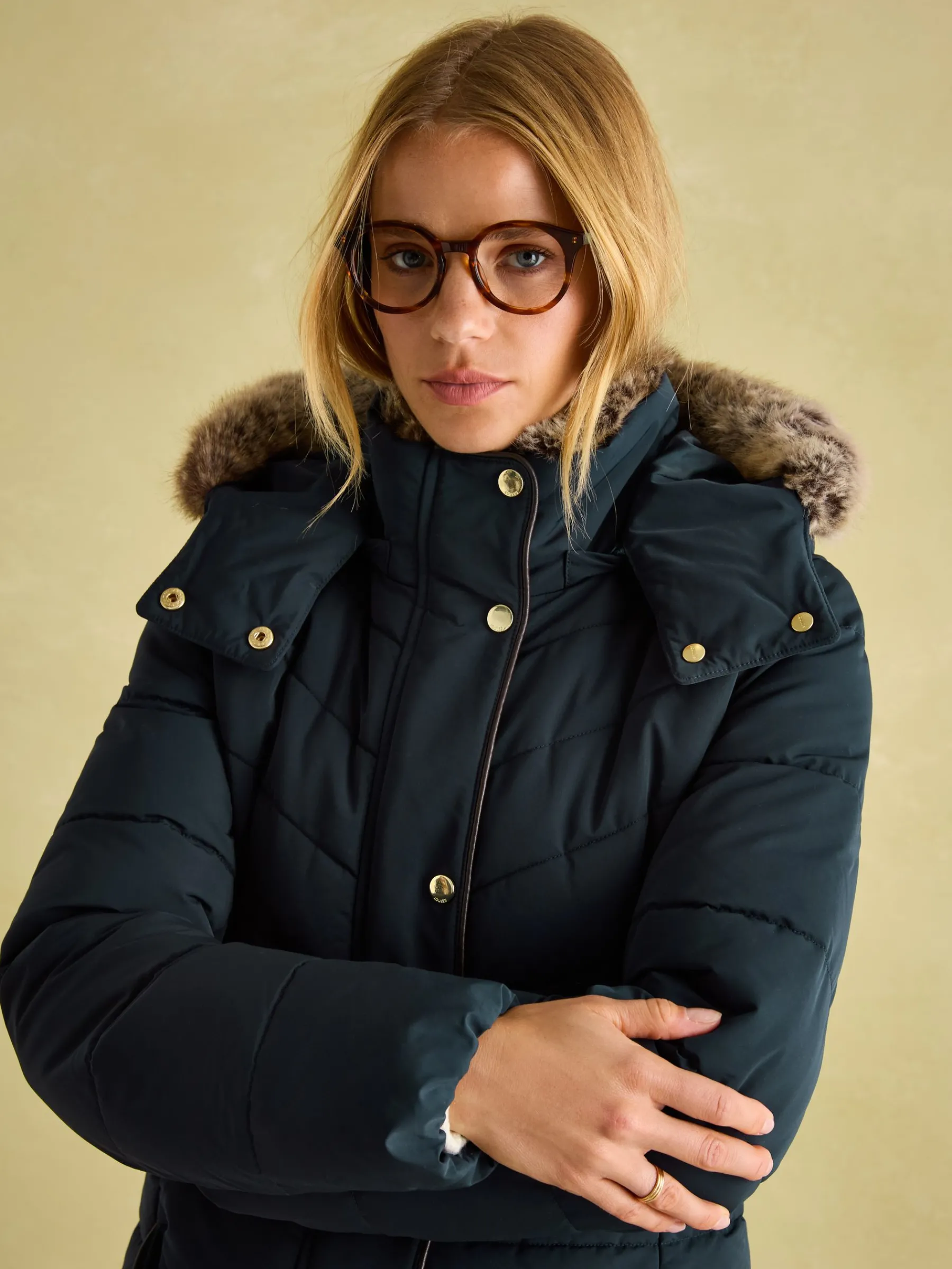 Cherington Showerproof Longline Padded Coat with Faux Fur Hood<Joules Clearance