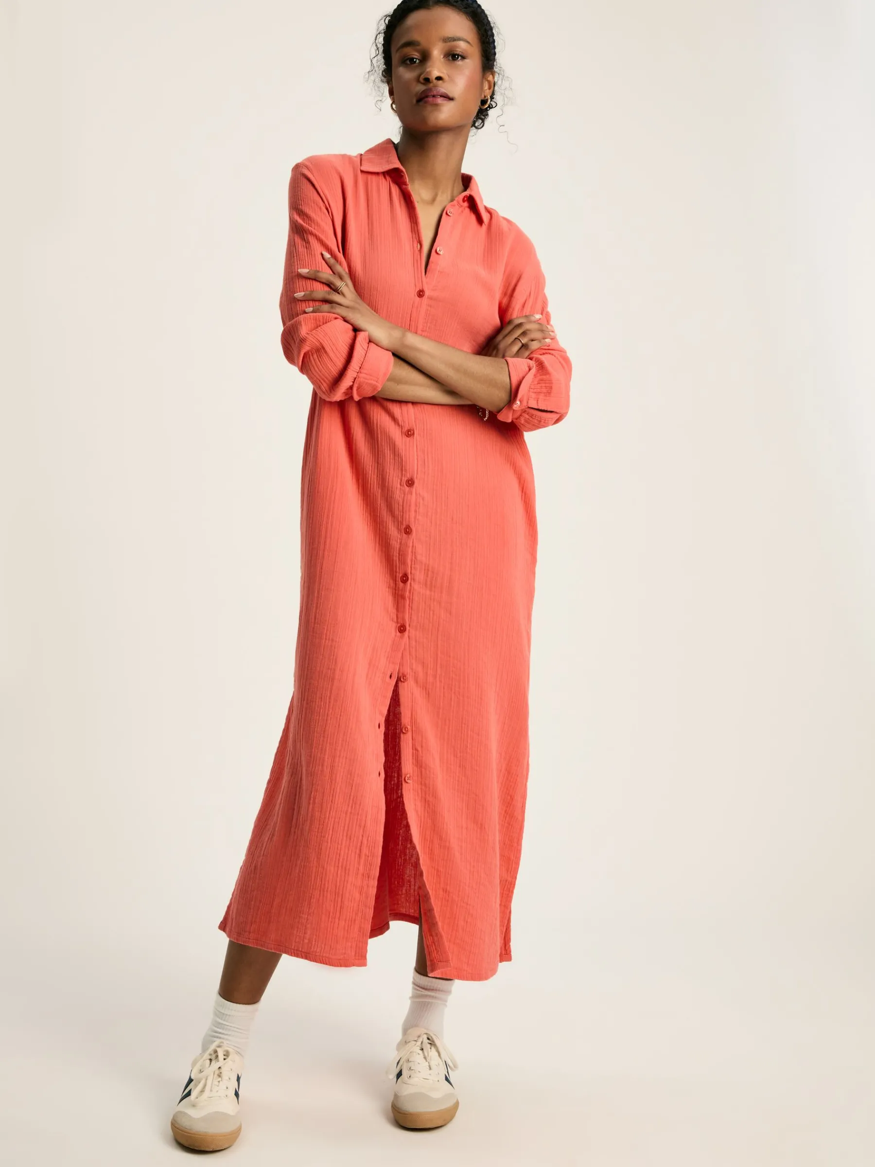 Erica Coral Pink Button Through Cotton Shirt Dress<Joules Hot