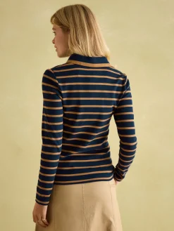 Fairfield Navy & Tan Long Sleeve Ribbed Polo Shirt<Joules Clearance