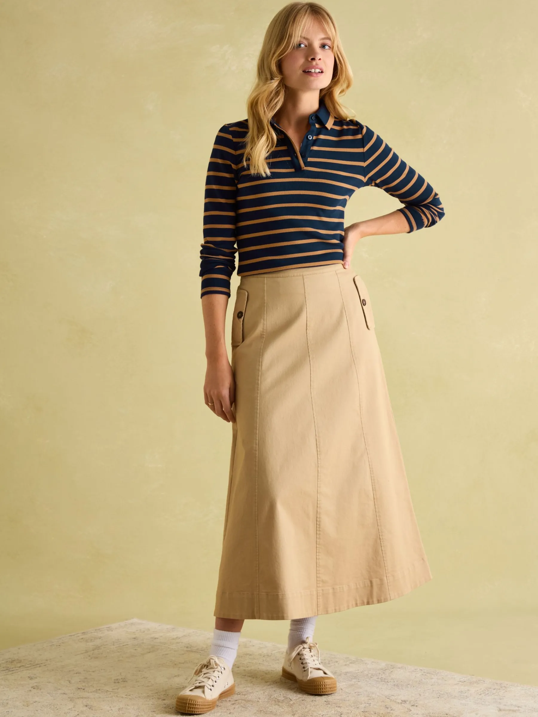 Fairfield Navy & Tan Long Sleeve Ribbed Polo Shirt<Joules Clearance