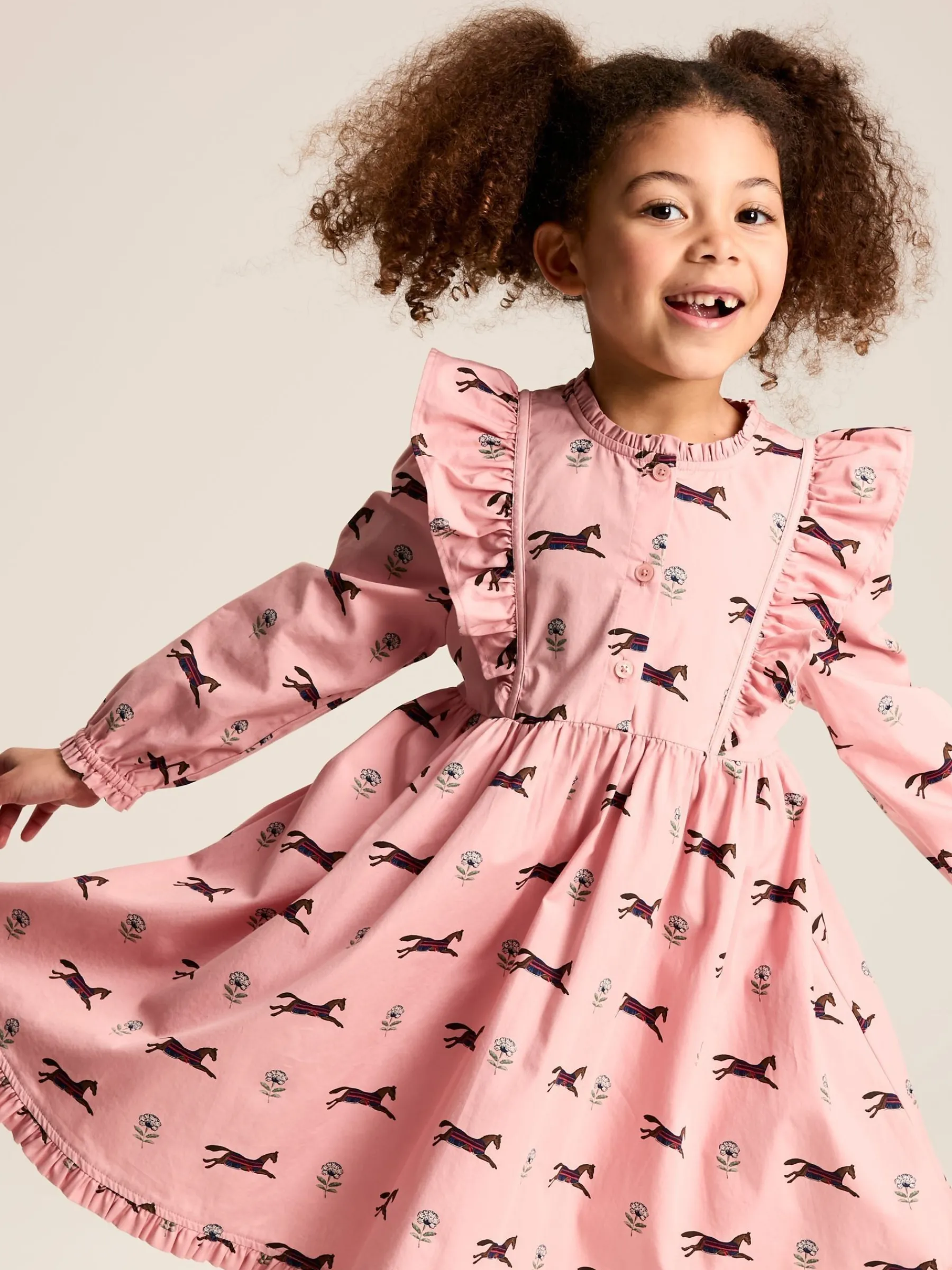 Florence Pink Horse Print Long Sleeve Frilled Dress<Joules Online