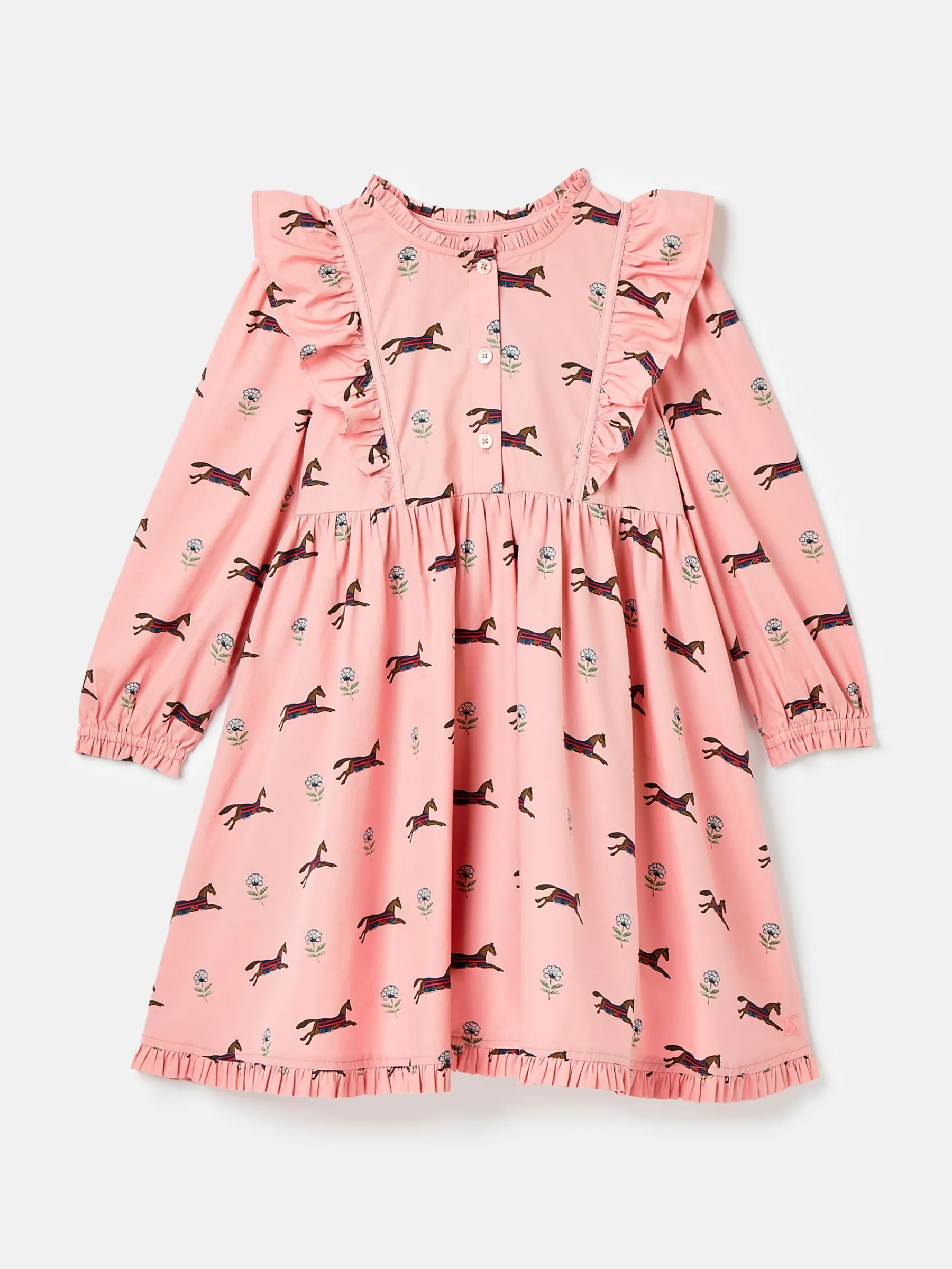 Florence Pink Horse Print Long Sleeve Frilled Dress<Joules Online