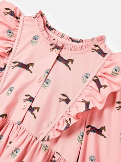 Florence Pink Horse Print Long Sleeve Frilled Dress<Joules Online