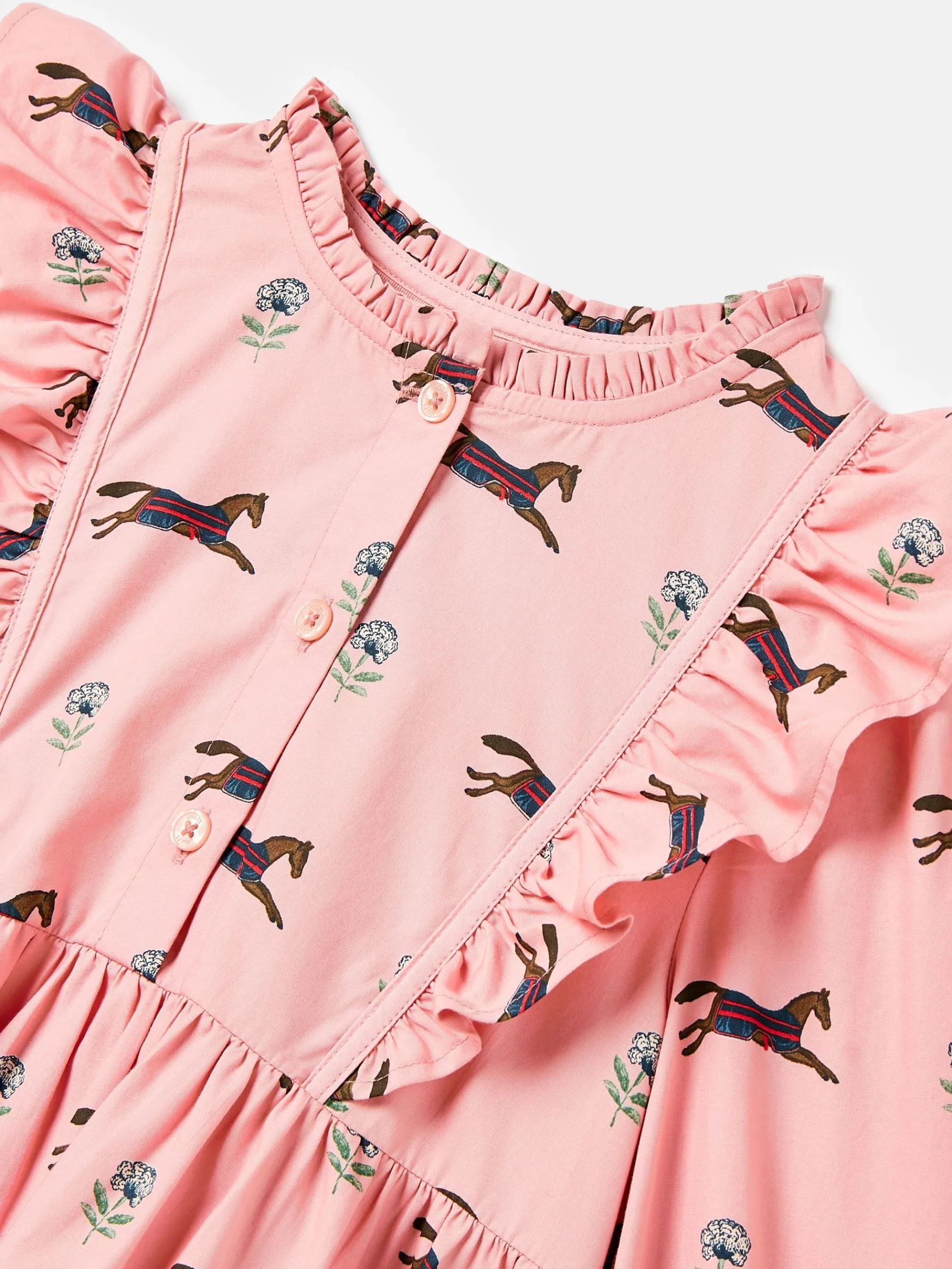 Florence Pink Horse Print Long Sleeve Frilled Dress<Joules Online