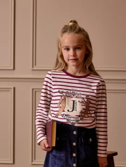 Girls' Ava Berry Red Stripe Artwork T-Shirt<Joules Clearance