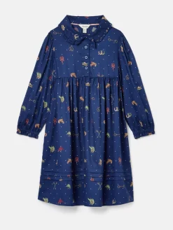 Girls' Ella Navy Print Bow Collar Dress<Joules Outlet