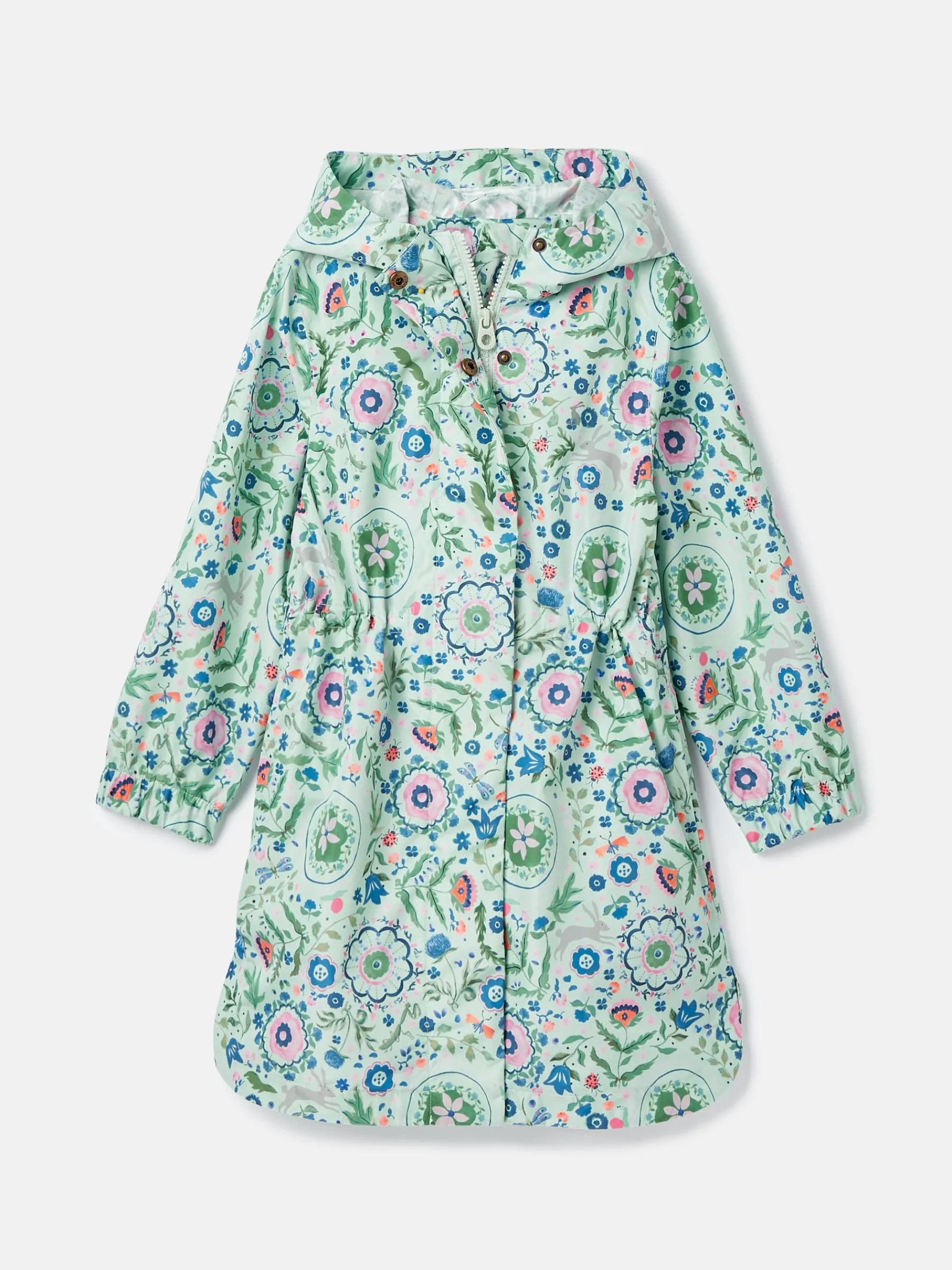 Girls' Rainford Green Floral Waterproof Packable Raincoat With Hood<Joules Best