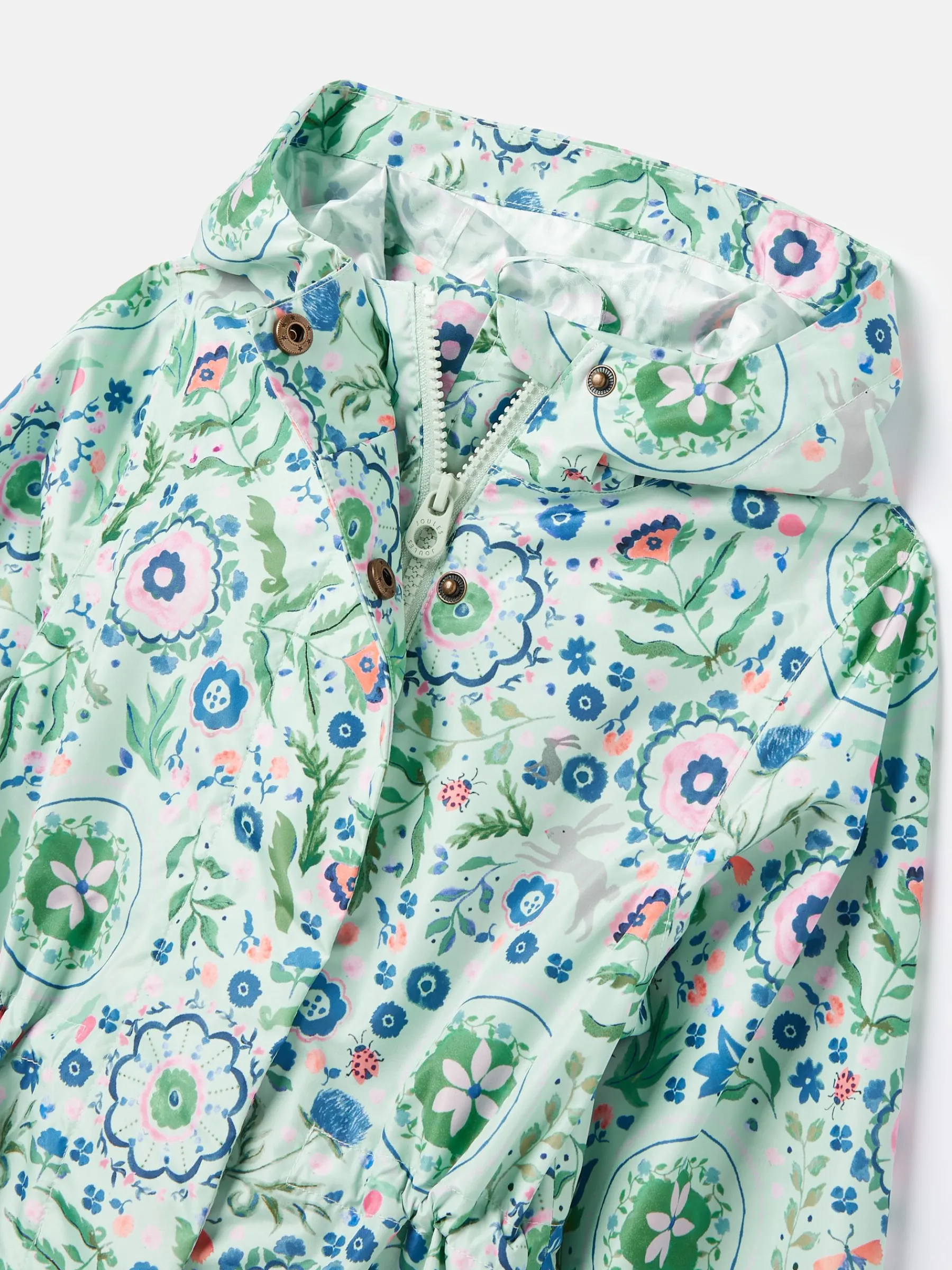 Girls' Rainford Green Floral Waterproof Packable Raincoat With Hood<Joules Best