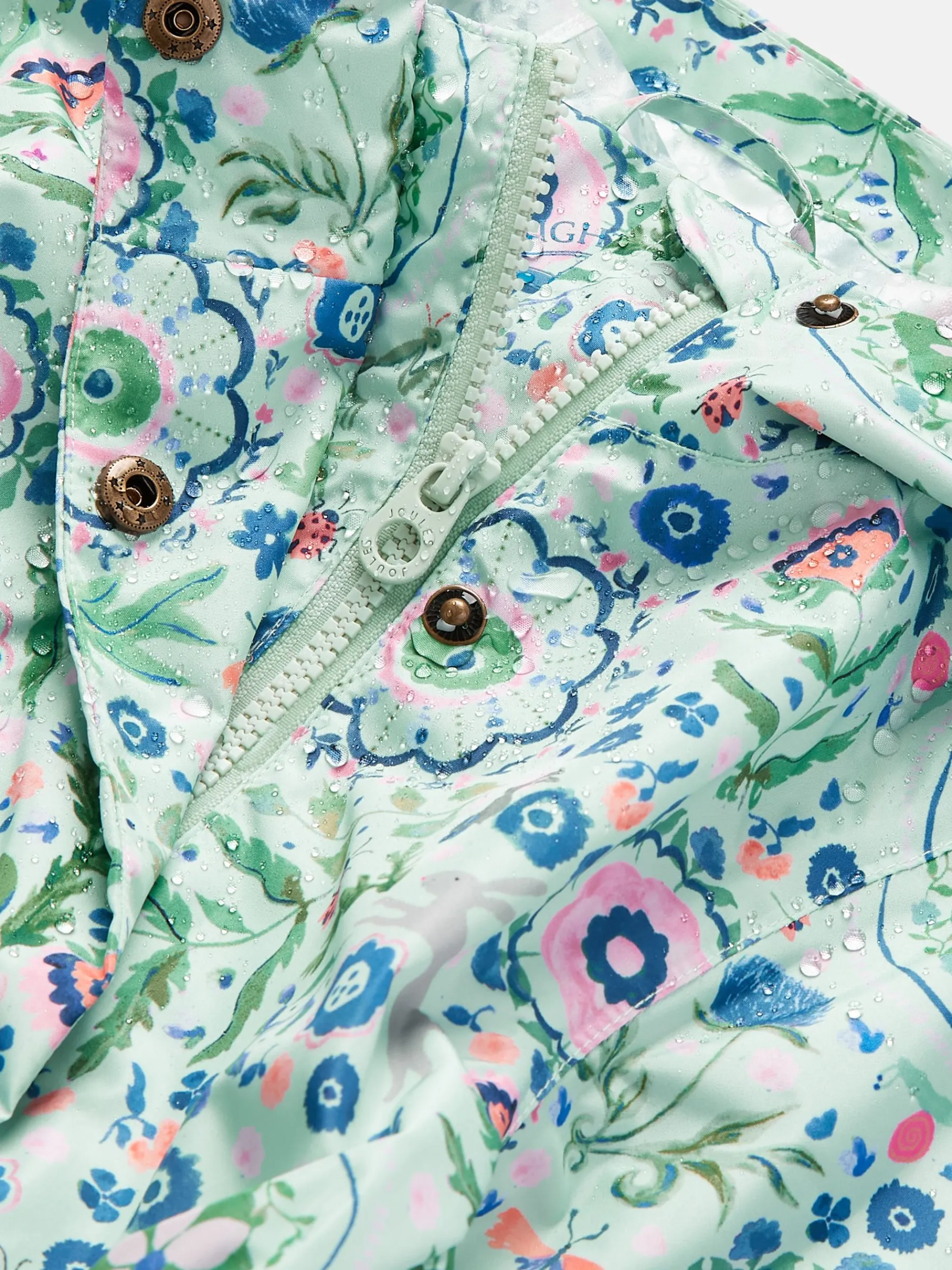 Girls' Rainford Green Floral Waterproof Packable Raincoat With Hood<Joules Best