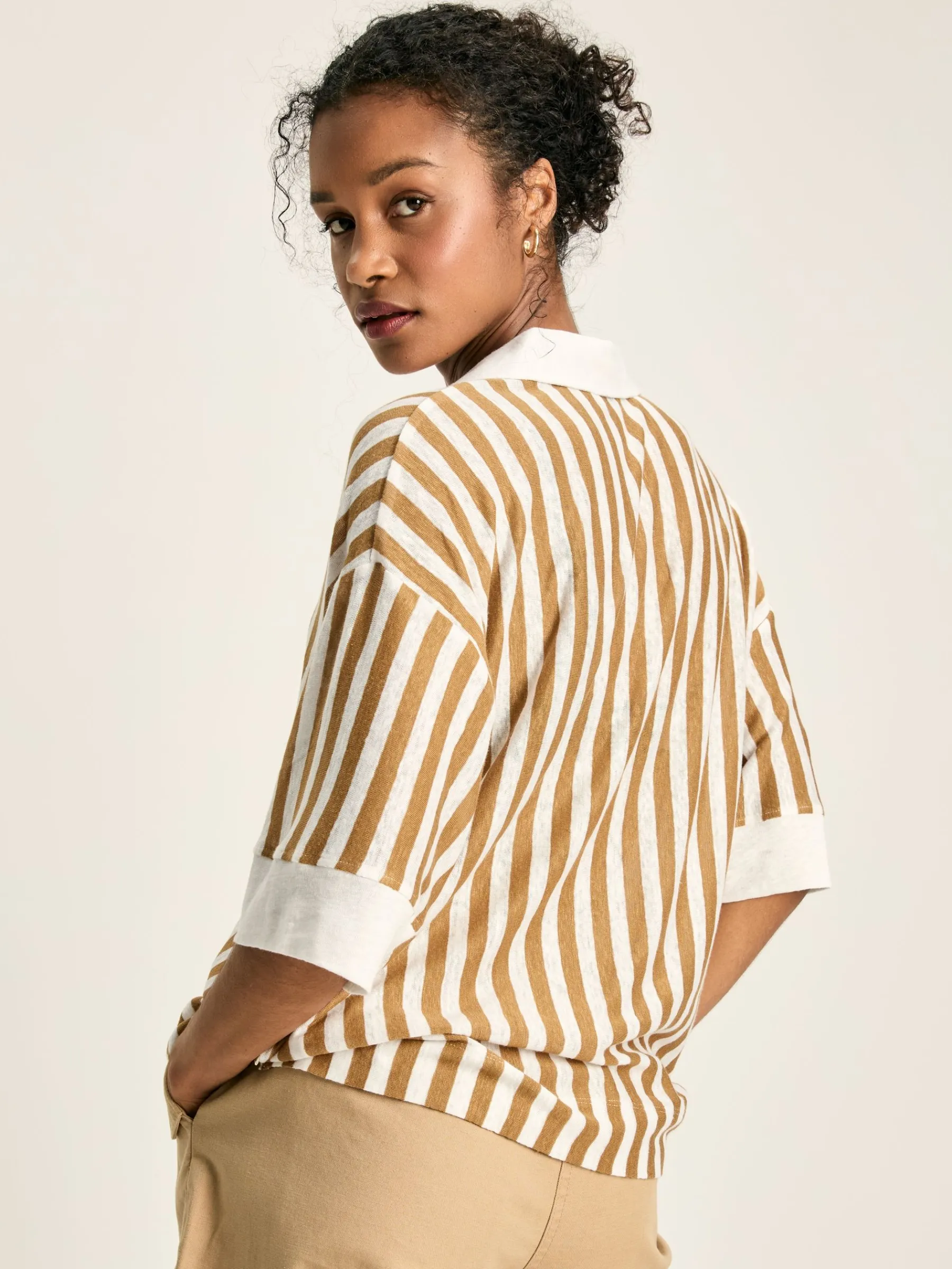 Hadley Tan White Linen Polo Shirt<Joules Outlet