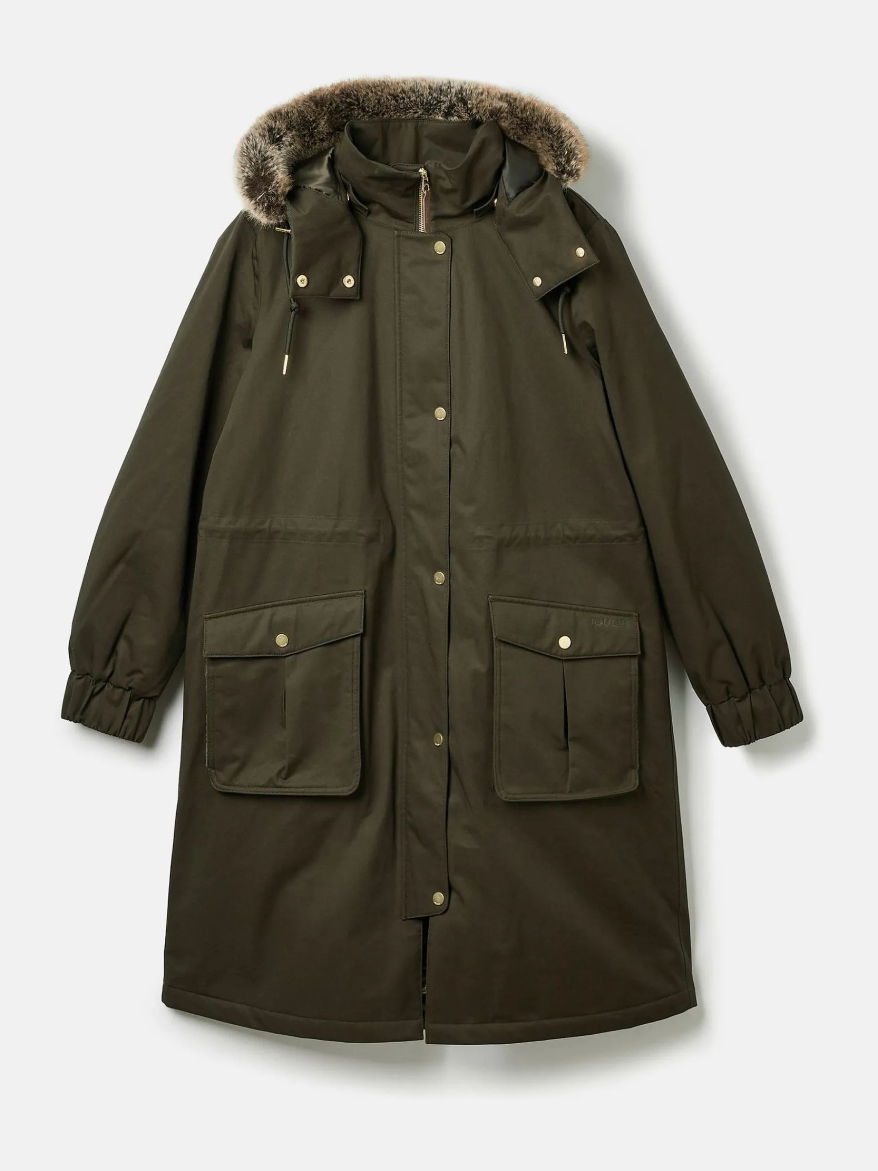 Harpsden Cosy Khaki Green Waterproof Fleece Lined Raincoat with Faux Fur Hood<Joules