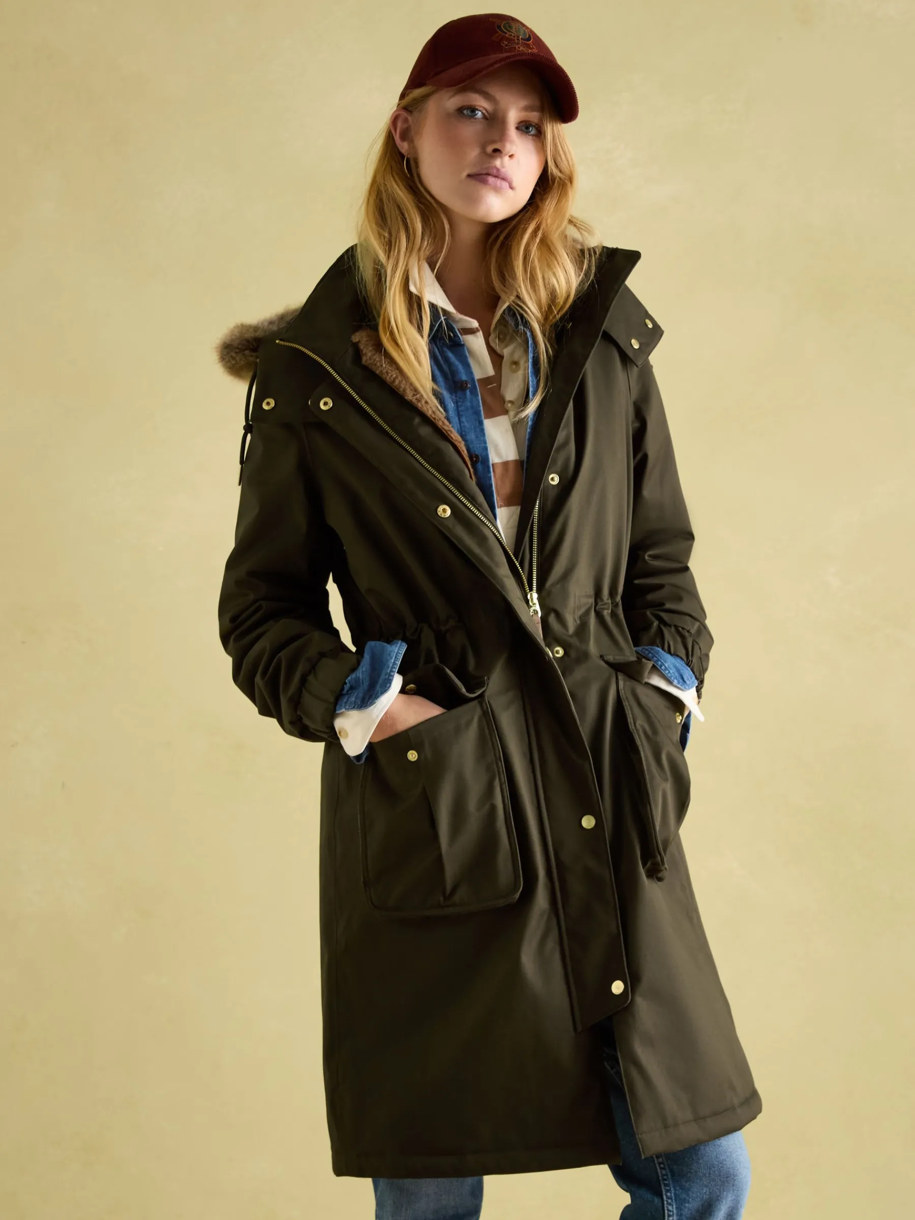 Harpsden Cosy Khaki Green Waterproof Fleece Lined Raincoat with Faux Fur Hood<Joules