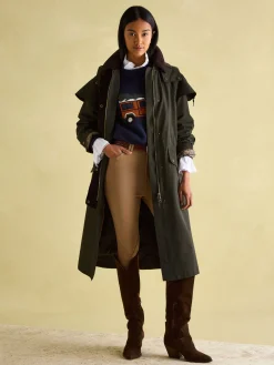 Highbridge Khaki Green Waterproof Longline Coat with Hood<Joules