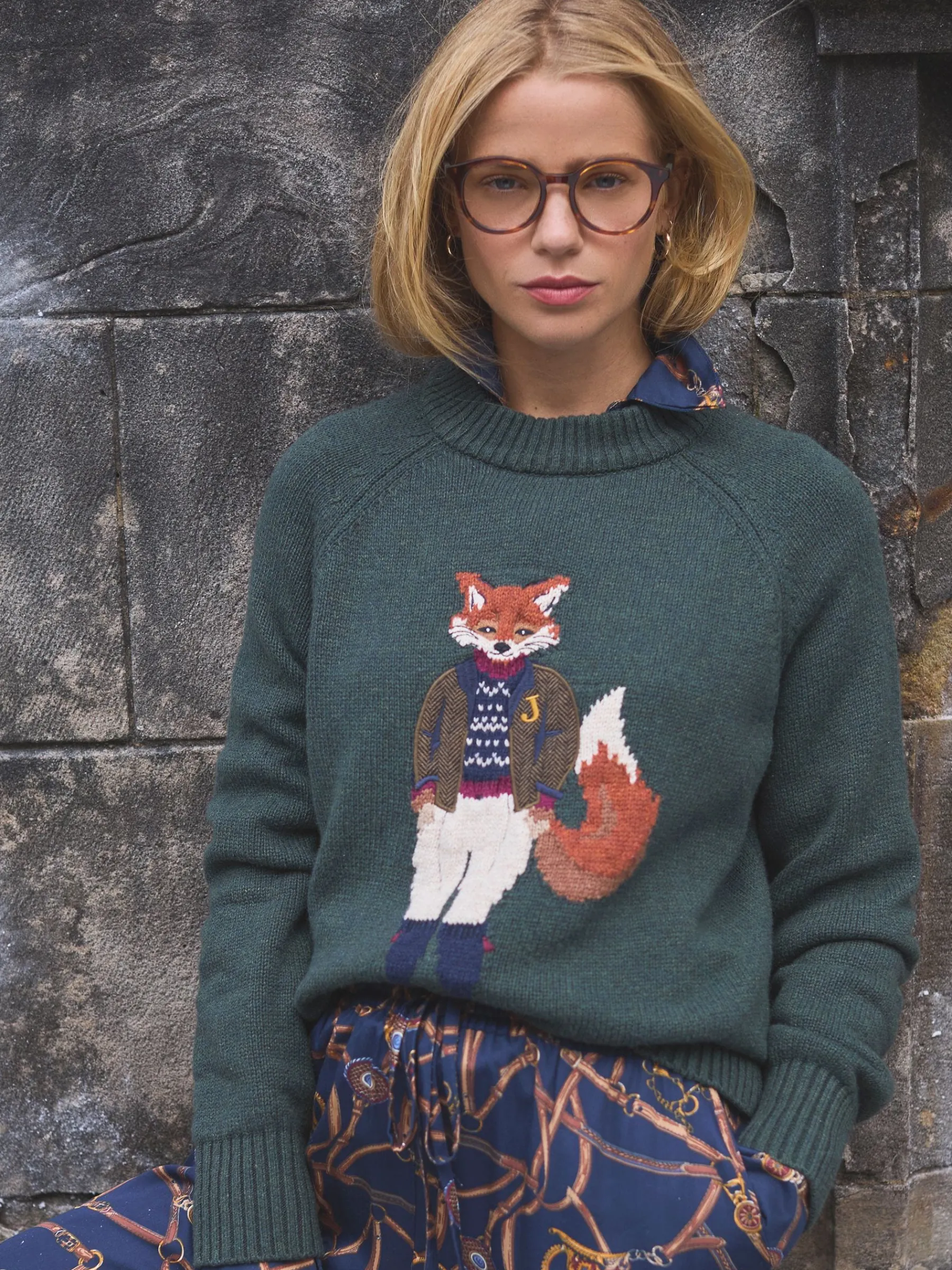 Jonty Dark Green Intarsia Fox Knit Jumper<Joules Discount