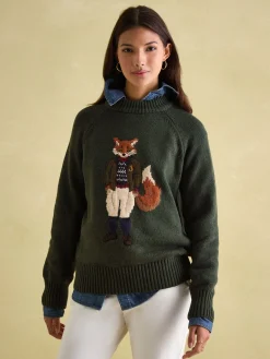Jonty Dark Green Intarsia Fox Knit Jumper<Joules Discount