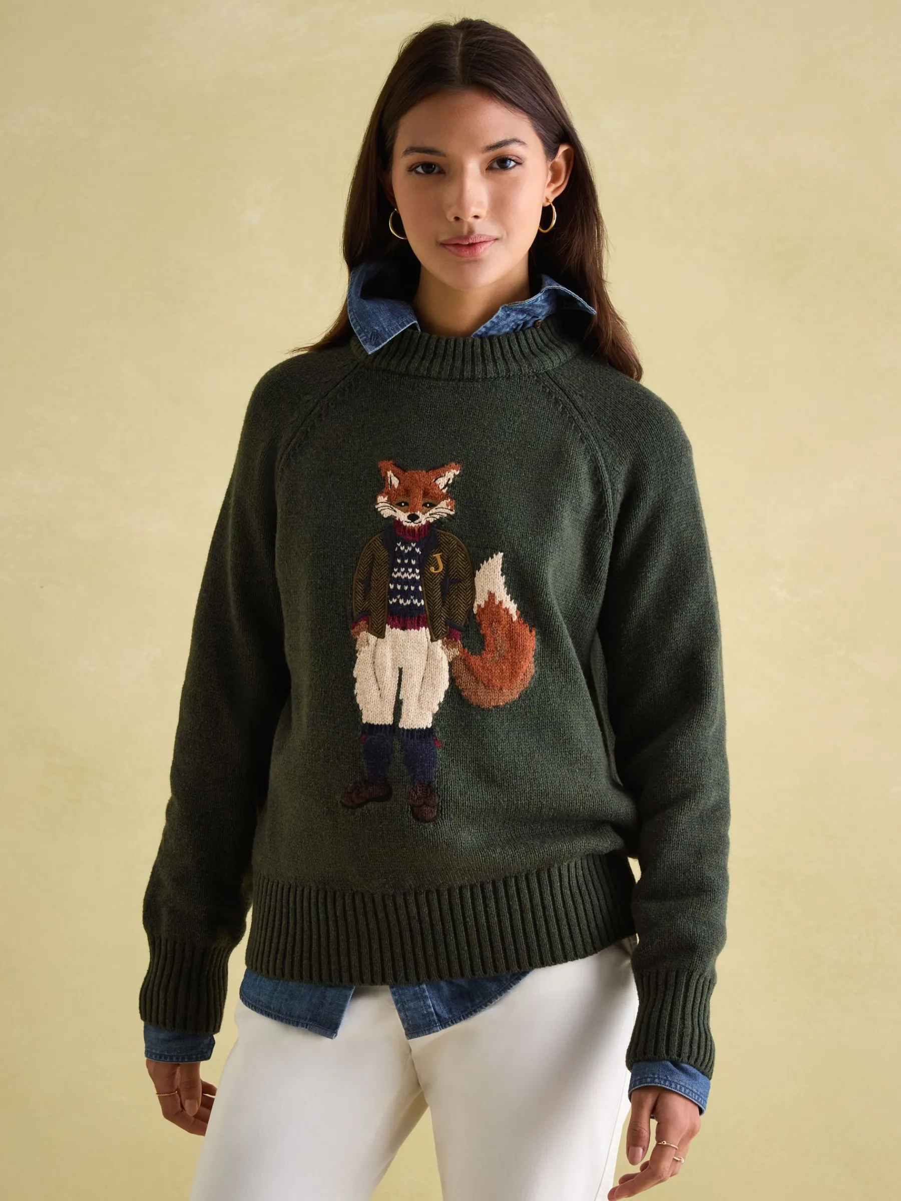 Jonty Dark Green Intarsia Fox Knit Jumper<Joules Discount