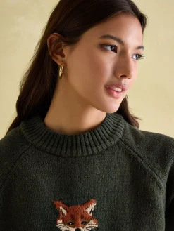 Jonty Dark Green Intarsia Fox Knit Jumper<Joules Discount