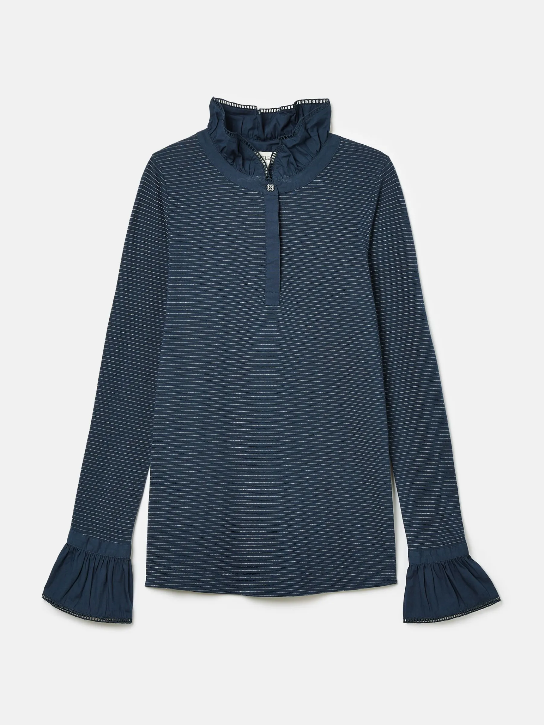 Kate Navy Sparkle Long Sleeve Frilled Neck Top<Joules Clearance