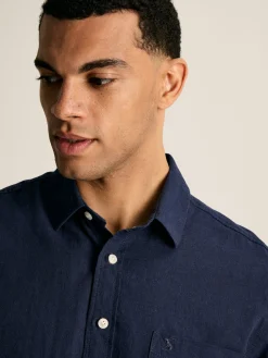 Linen Blend Navy Blue Plain Short Sleeve Shirt<Joules Hot