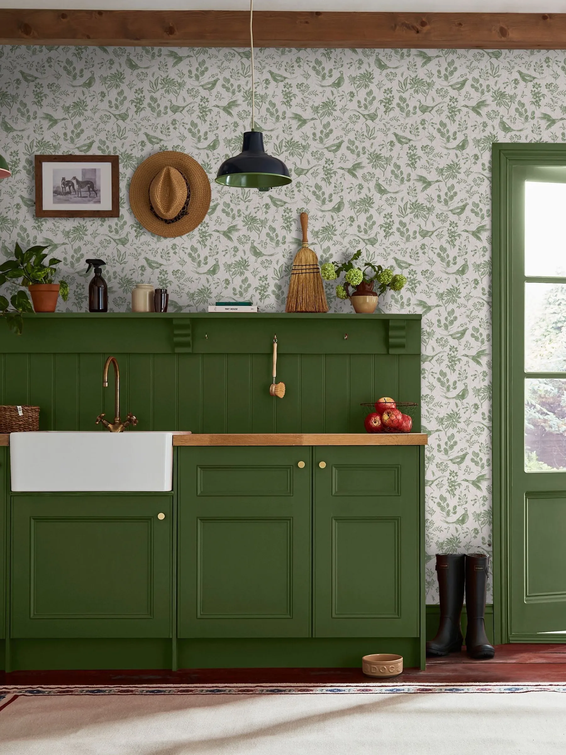 Linen Green Pheasant Print 10M Wallpaper<Joules Clearance