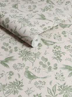 Linen Green Pheasant Print 10M Wallpaper<Joules Clearance