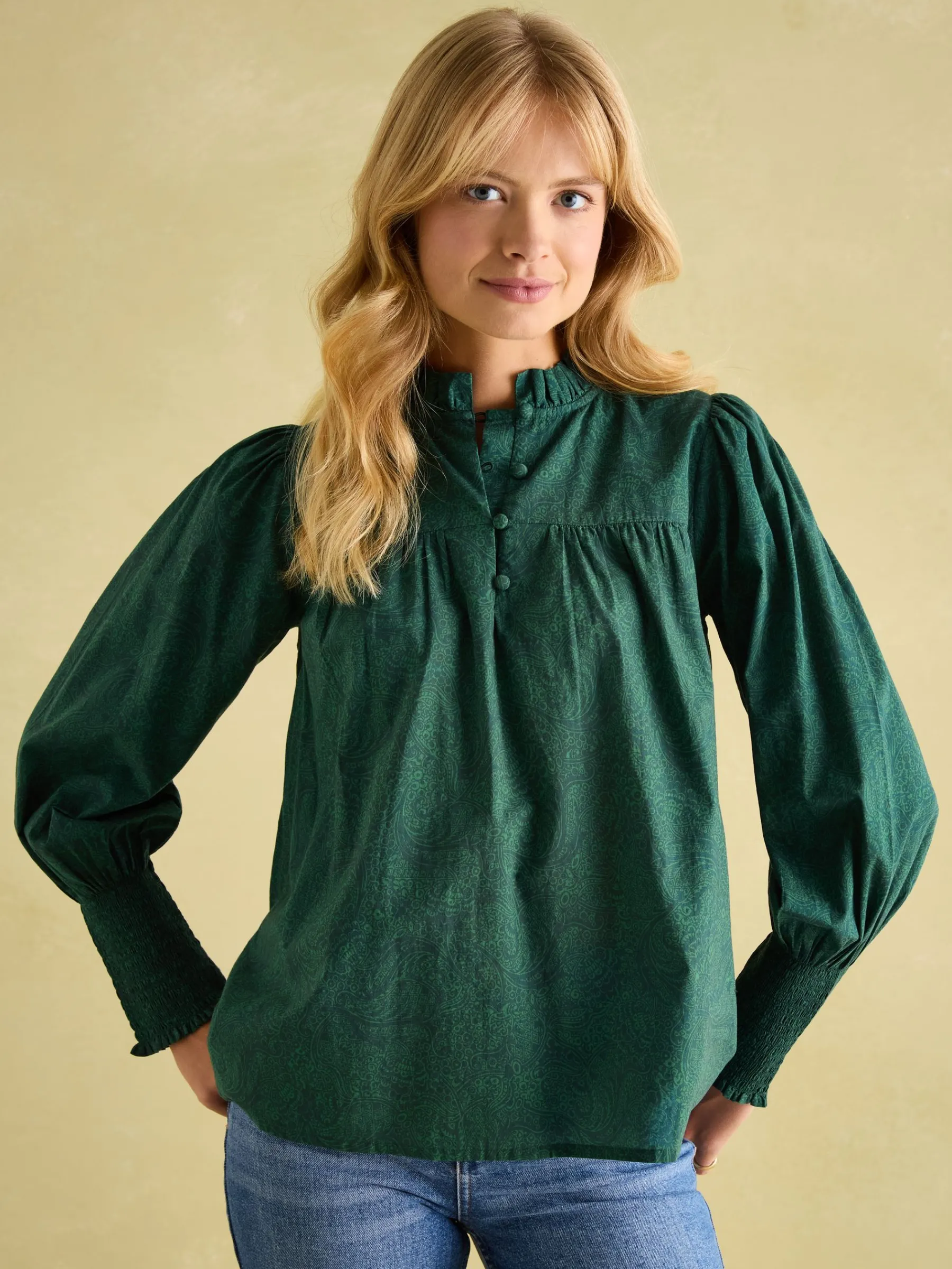 Mariella Green Paisley Cotton Frill Neck Blouse<Joules Online