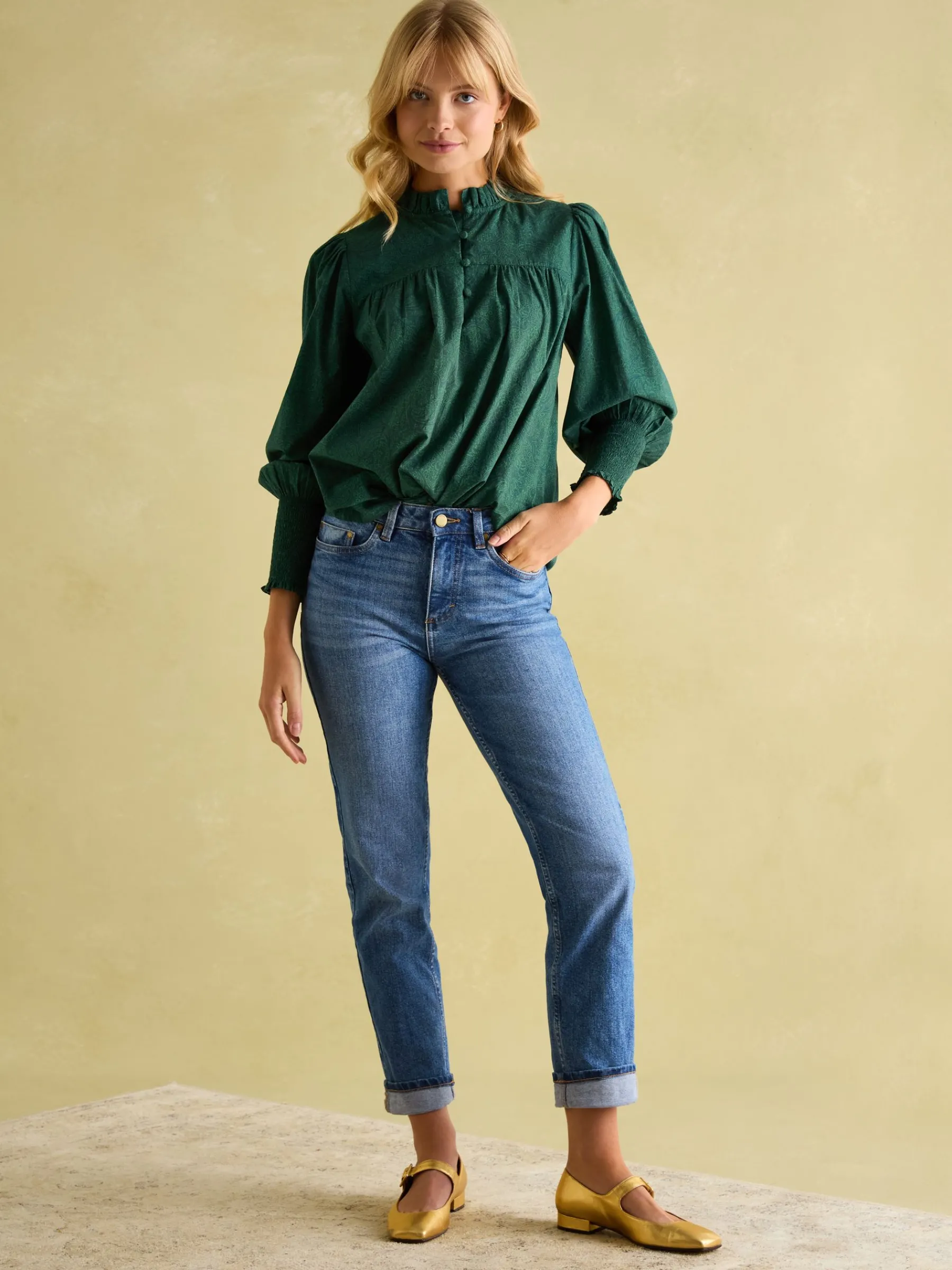 Mariella Green Paisley Cotton Frill Neck Blouse<Joules Online