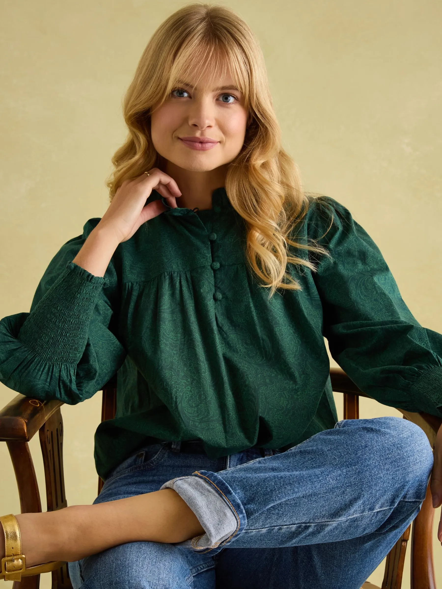 Mariella Green Paisley Cotton Frill Neck Blouse<Joules Online