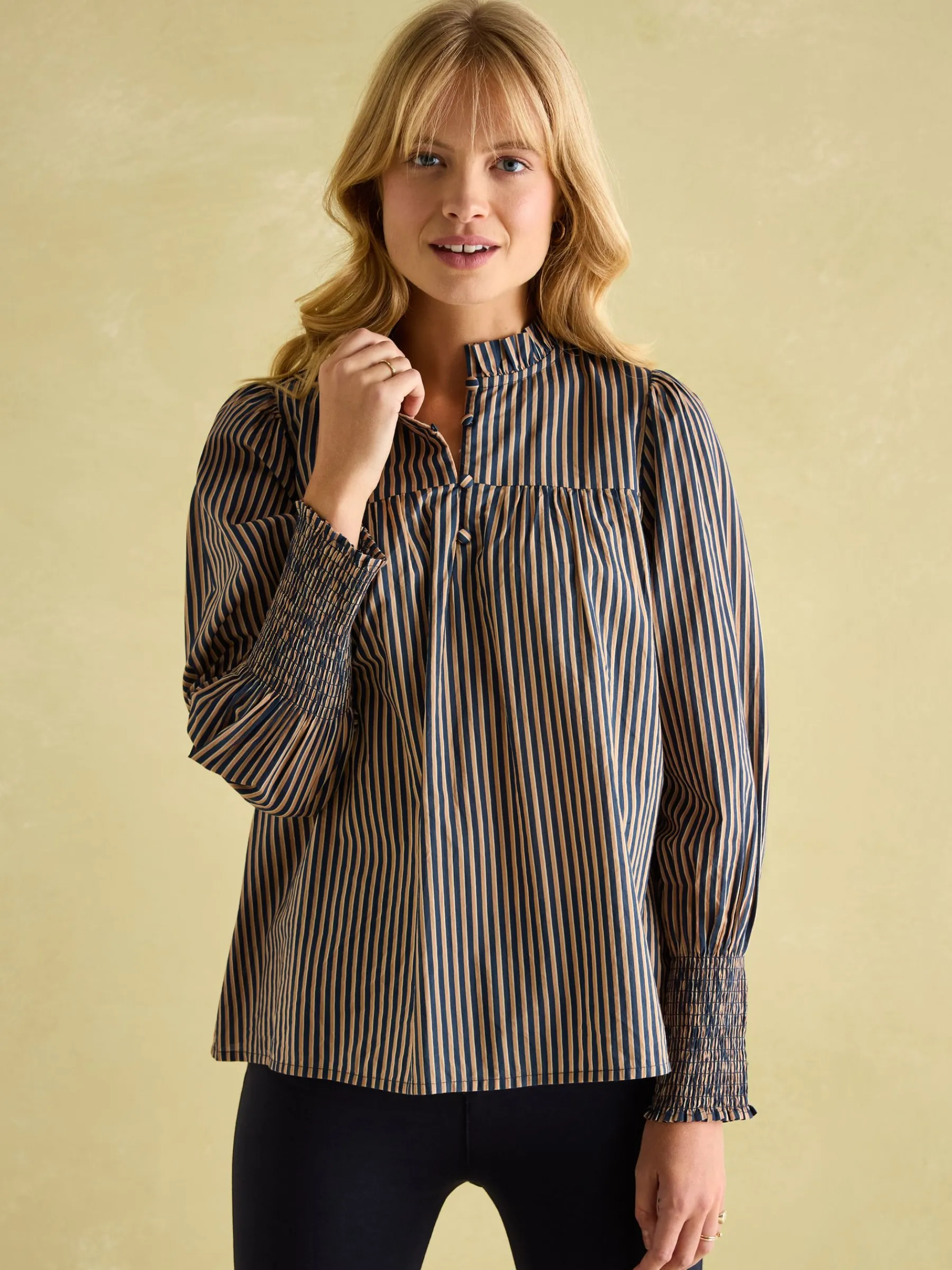 Mariella Navy Stripe Cotton Frill Neck Blouse<Joules Outlet