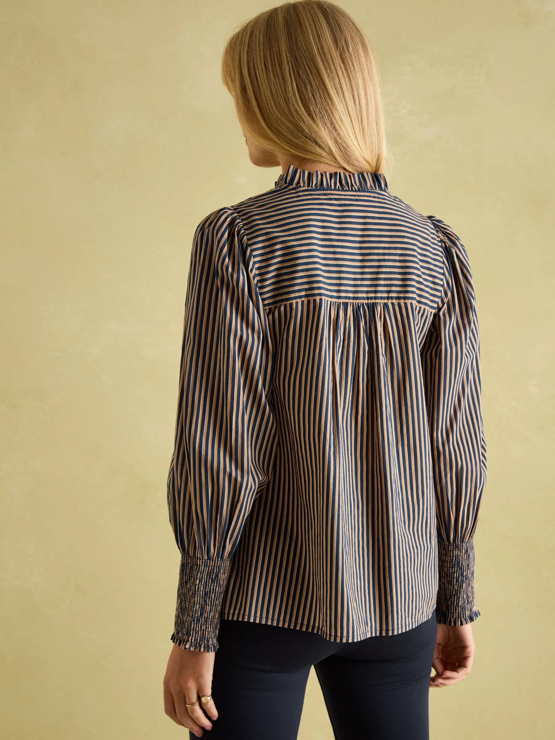Mariella Navy Stripe Cotton Frill Neck Blouse<Joules Outlet