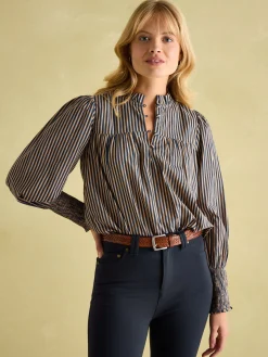 Mariella Navy Stripe Cotton Frill Neck Blouse<Joules Outlet