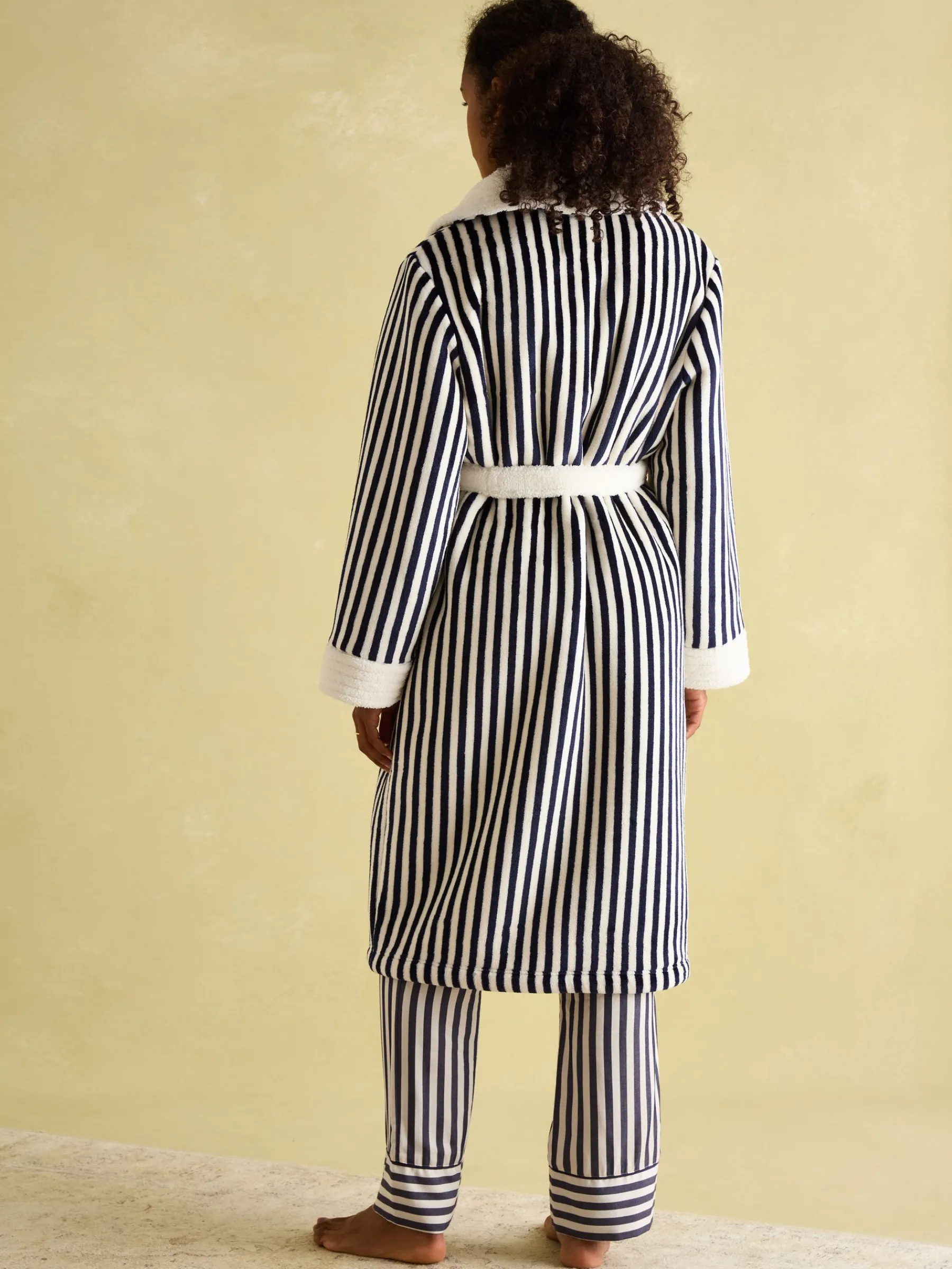 Matilda Navy & White Fleece Lined Striped Dressing Gown<Joules New