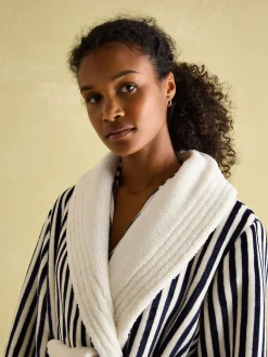Matilda Navy & White Fleece Lined Striped Dressing Gown<Joules New