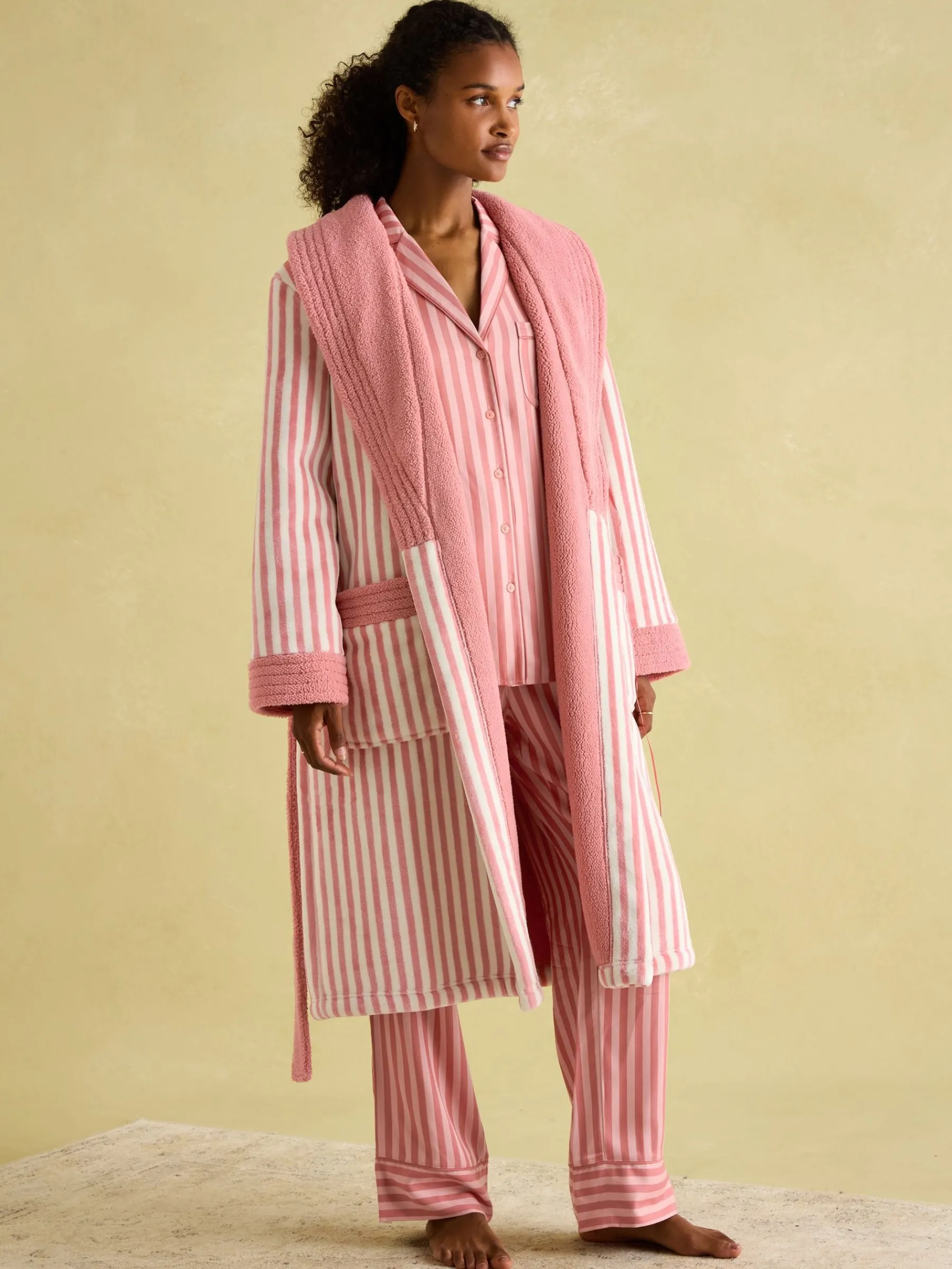 Matilda Pink & White Fleece Lined Striped Dressing Gown<Joules New
