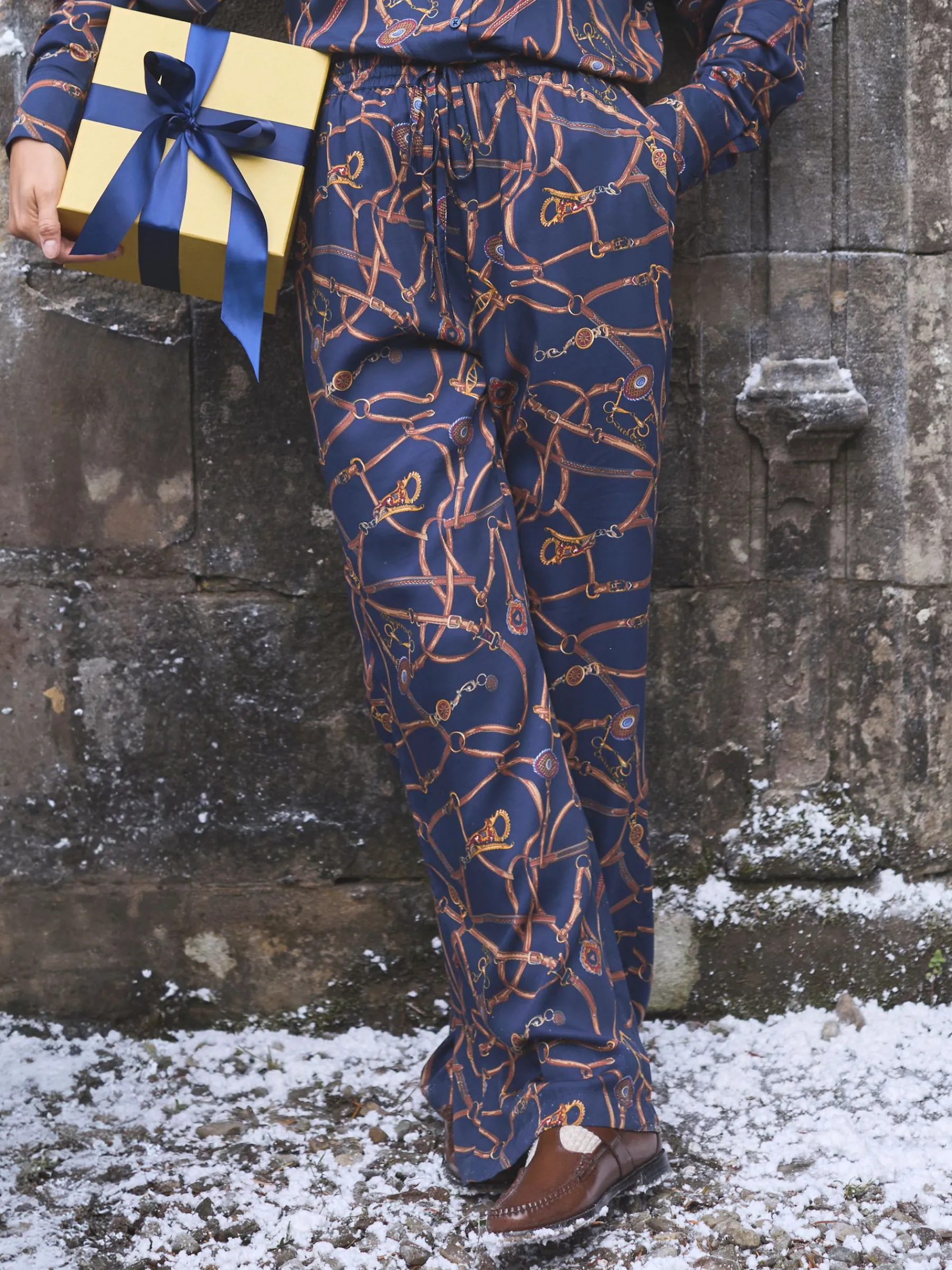 Navy Blue Bridle Wide Leg Printed Satin Trousers<Joules Online