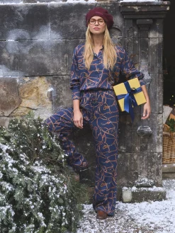 Navy Blue Bridle Wide Leg Printed Satin Trousers<Joules Online